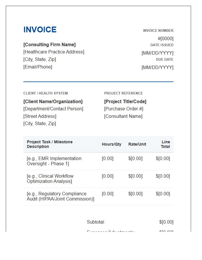 Healthcare Project Management Consulting Invoice Template