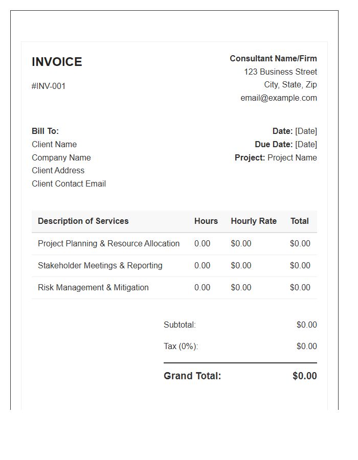 Hourly Rate Project Management Consulting Invoice Template