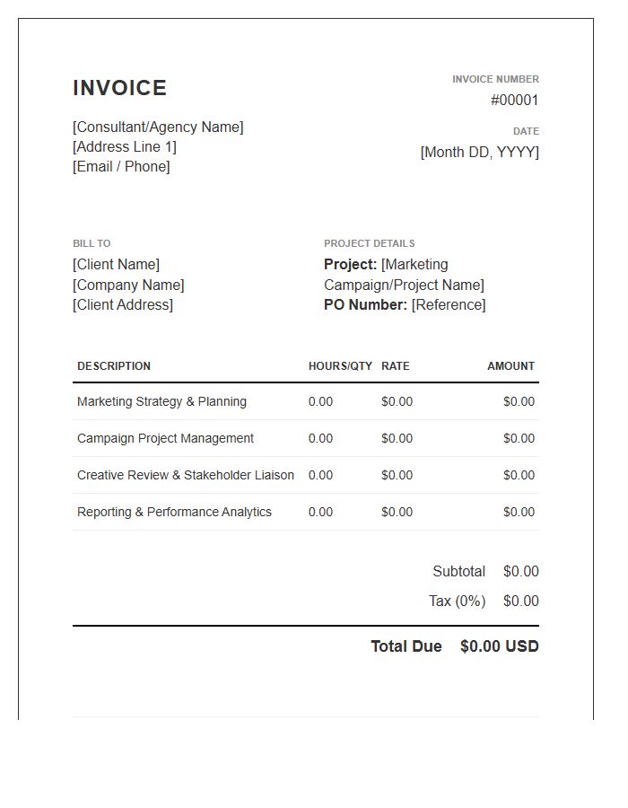 Marketing Project Management Consulting Invoice Template