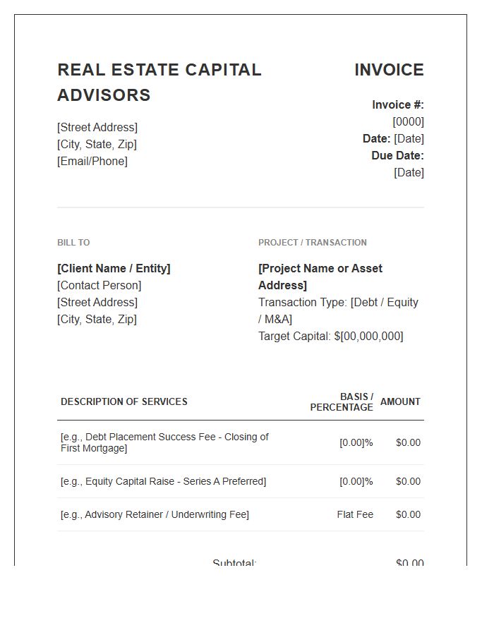 Real Estate Capital Markets Advisory Invoice Template
