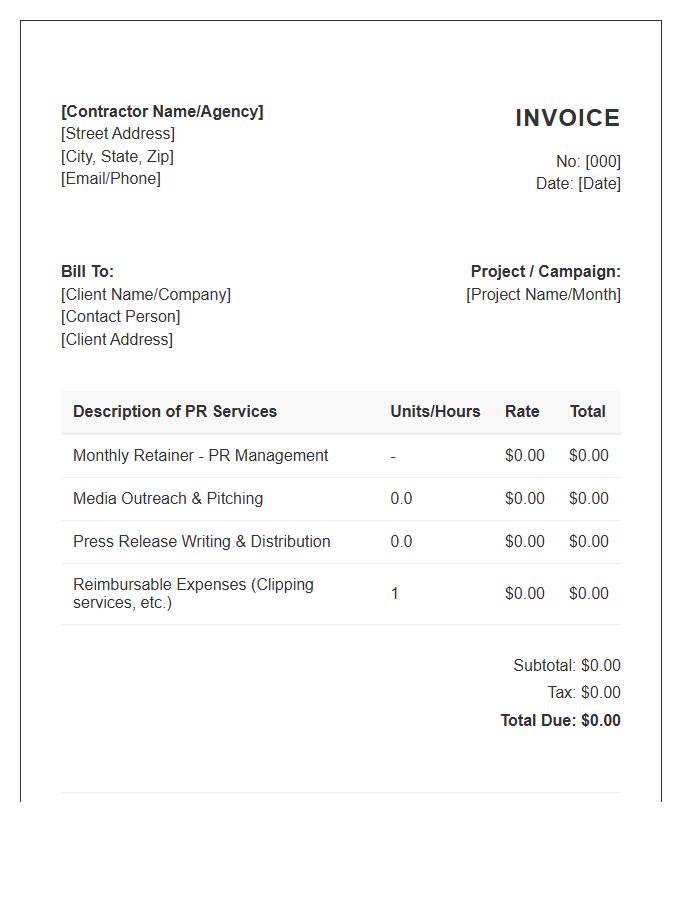 Independent PR Contractor Invoice Template