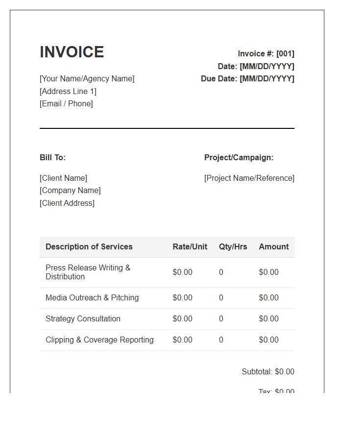 Media Relations Professional Invoice Template