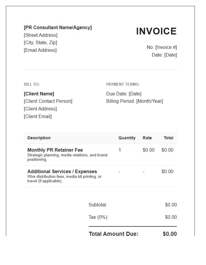 PR Consultant Monthly Retainer Invoice Template