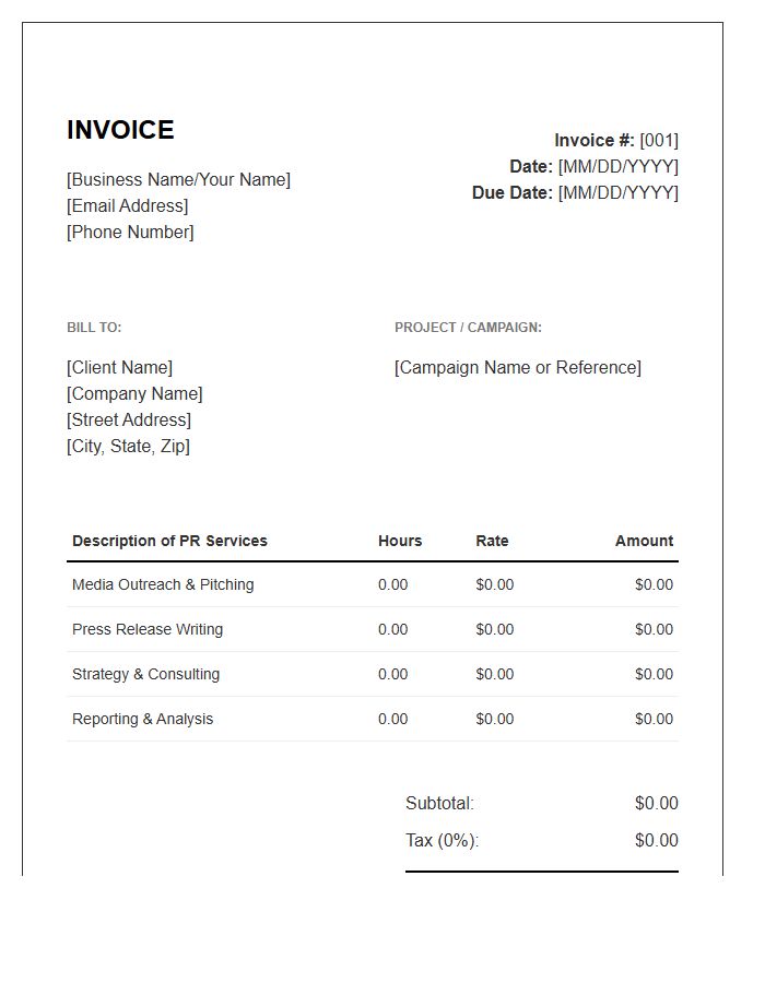 PR Specialist Hourly Rate Invoice Template