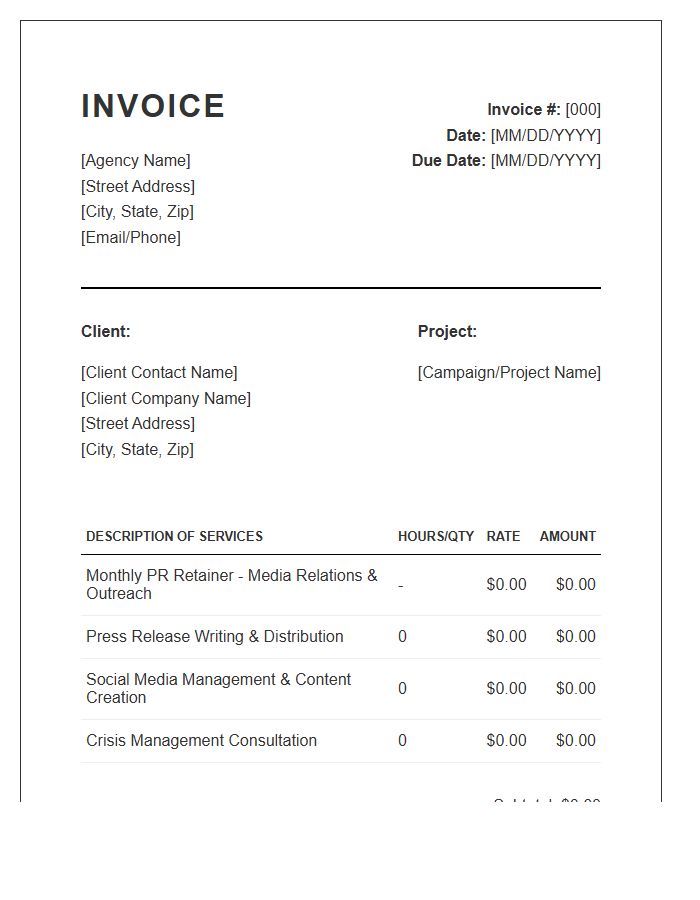 Public Relations Agency Invoice Template