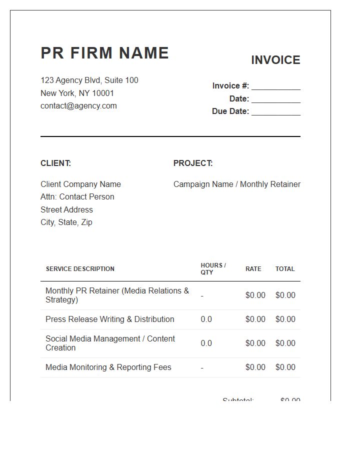 Public Relations Firm Billing Invoice Template