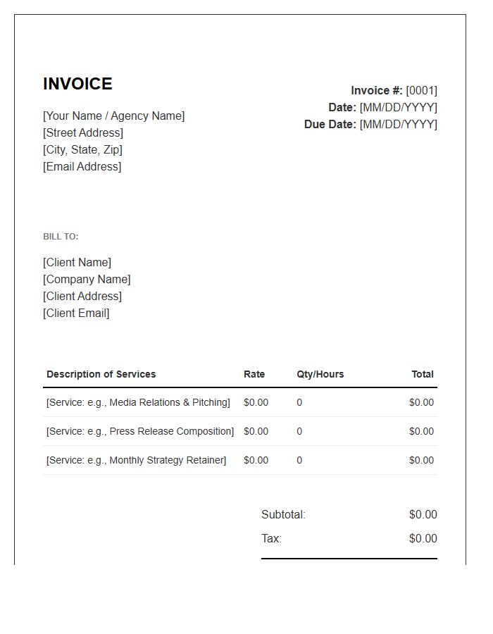 Public Relations Freelance Invoice Template