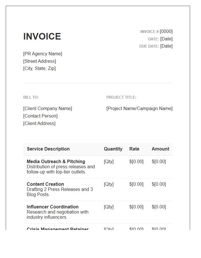 Public Relations Project Based Invoice Template