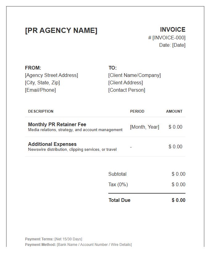 Public Relations Retainer Fee Invoice Template