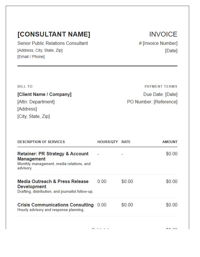 Senior Public Relations Consultant Invoice Template