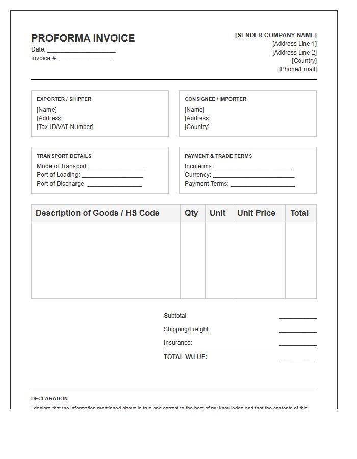 Commercial Export Proforma Invoice Template