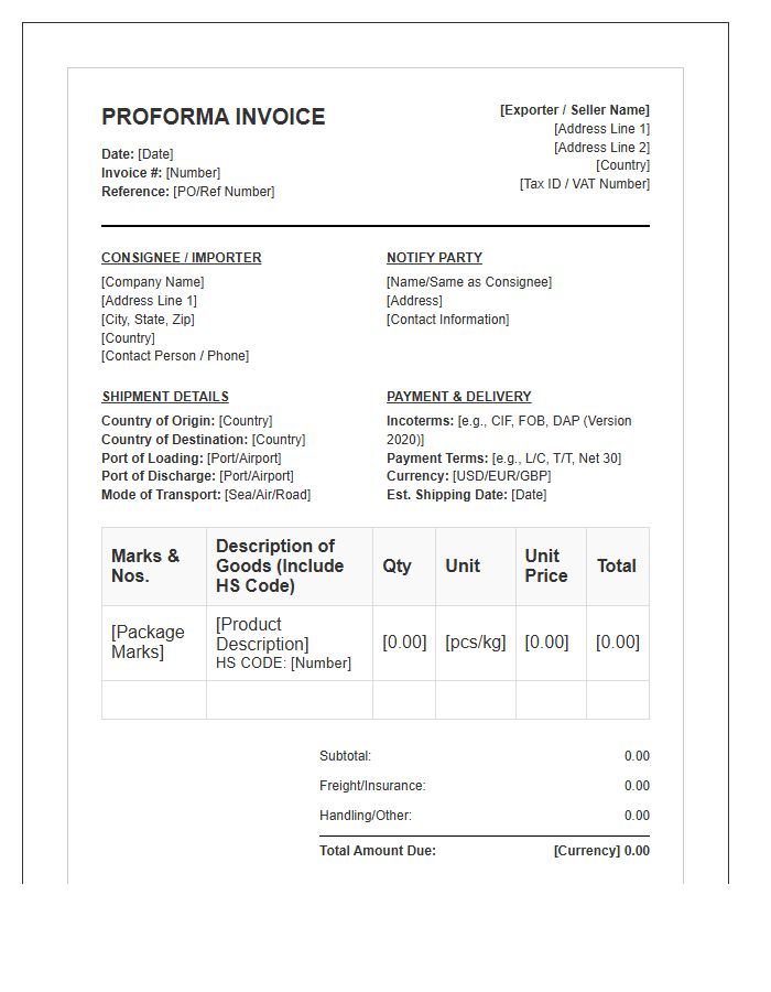 Comprehensive Import Export Proforma Invoice Template