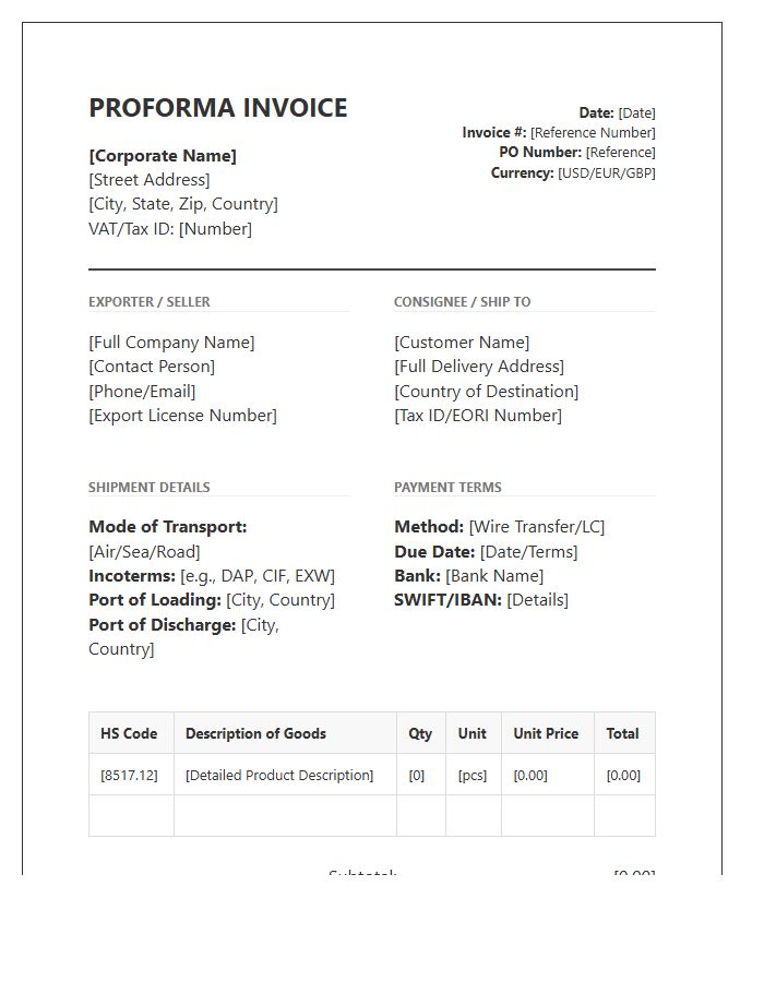 Corporate Global Trade Proforma Invoice Template