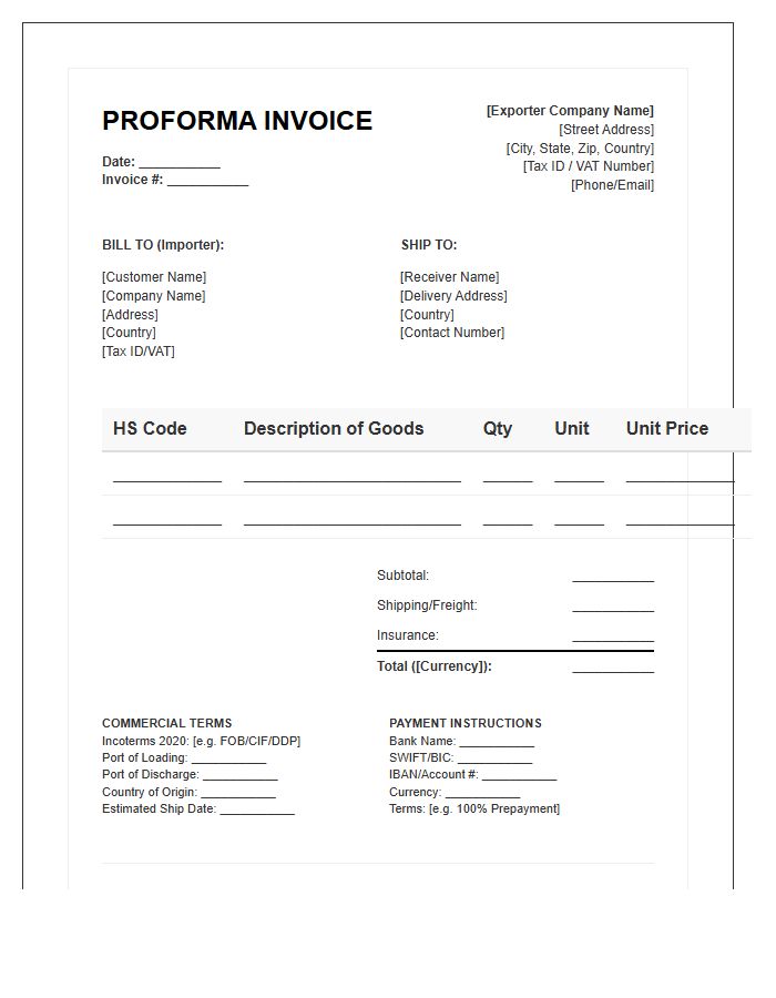 Cross Border Business Proforma Invoice Template