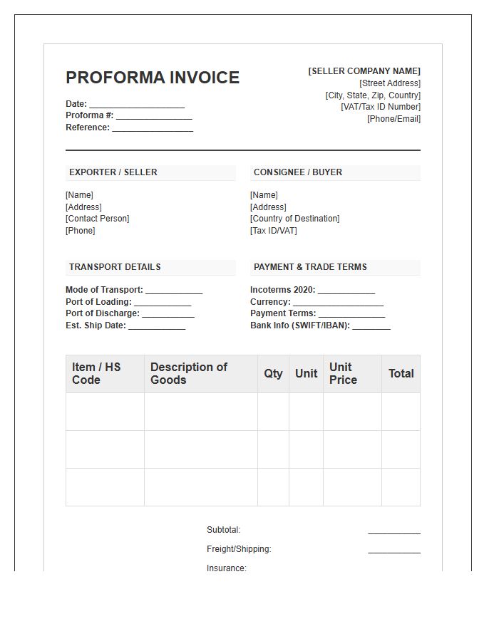 Detailed International Commerce Proforma Invoice Template