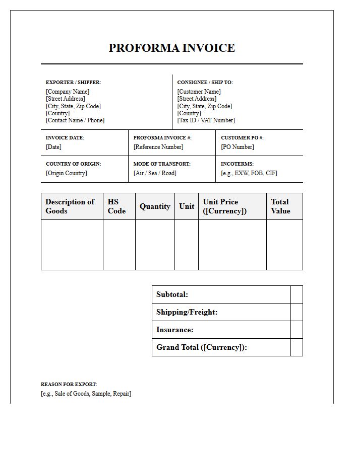 Formal International Shipment Proforma Invoice Template