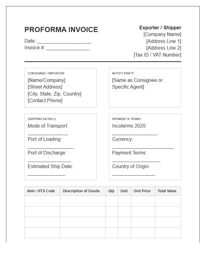 Global Supply Chain Proforma Invoice Template