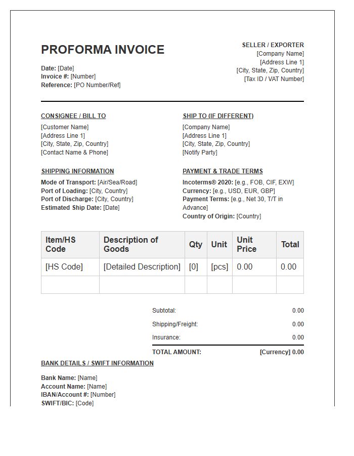 International Trade Proforma Invoice Template