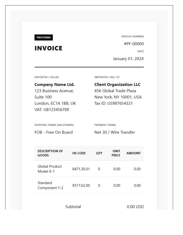 Modern Global Transaction Proforma Invoice Template