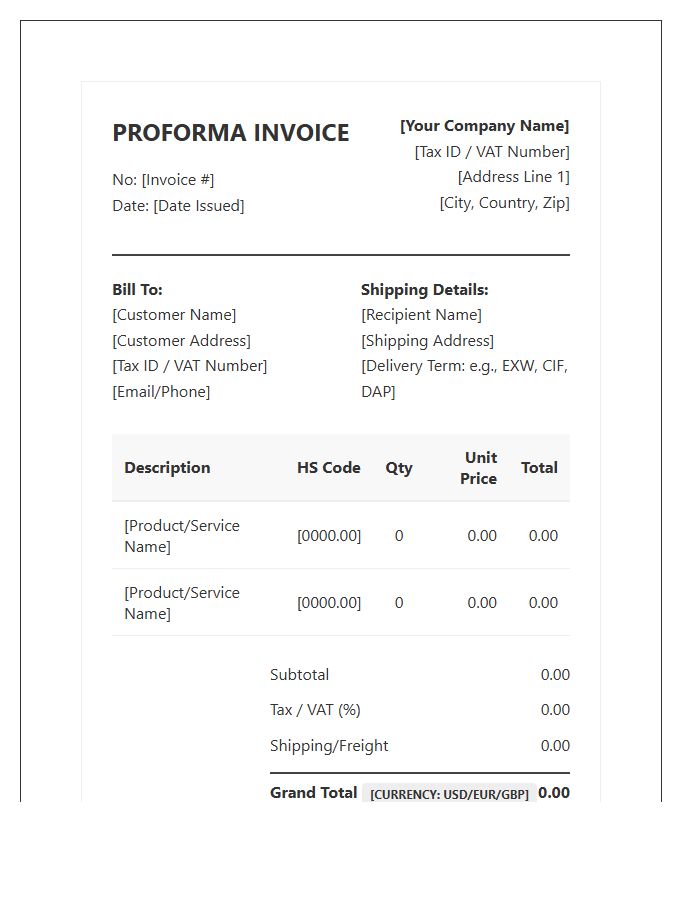 Multicurrency Global Business Proforma Invoice Template