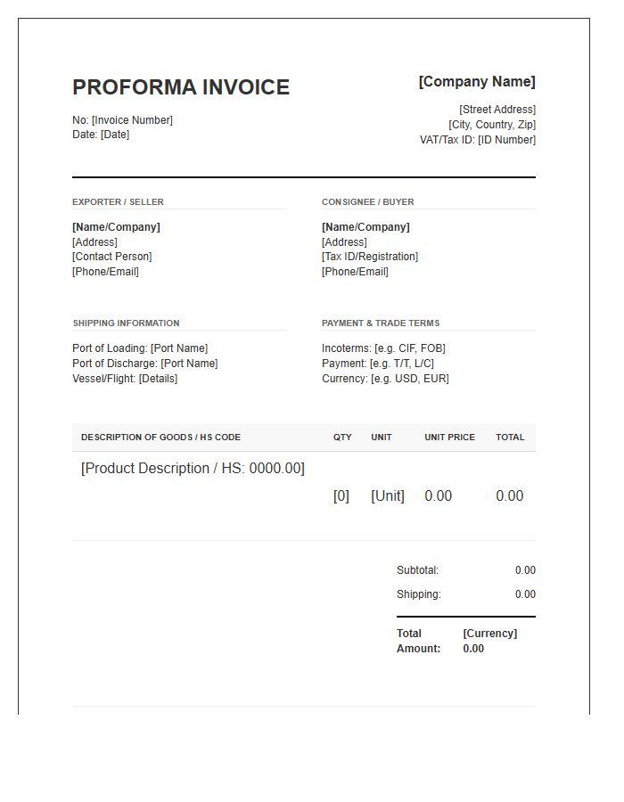 Professional Global Business Proforma Invoice Template