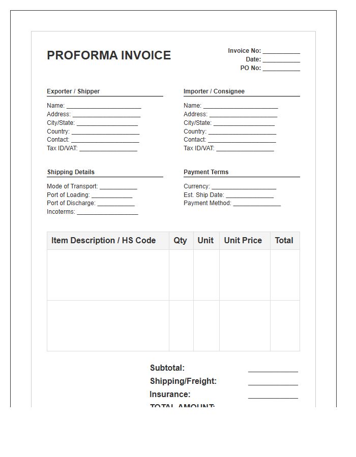Universal Commercial Proforma Invoice Template