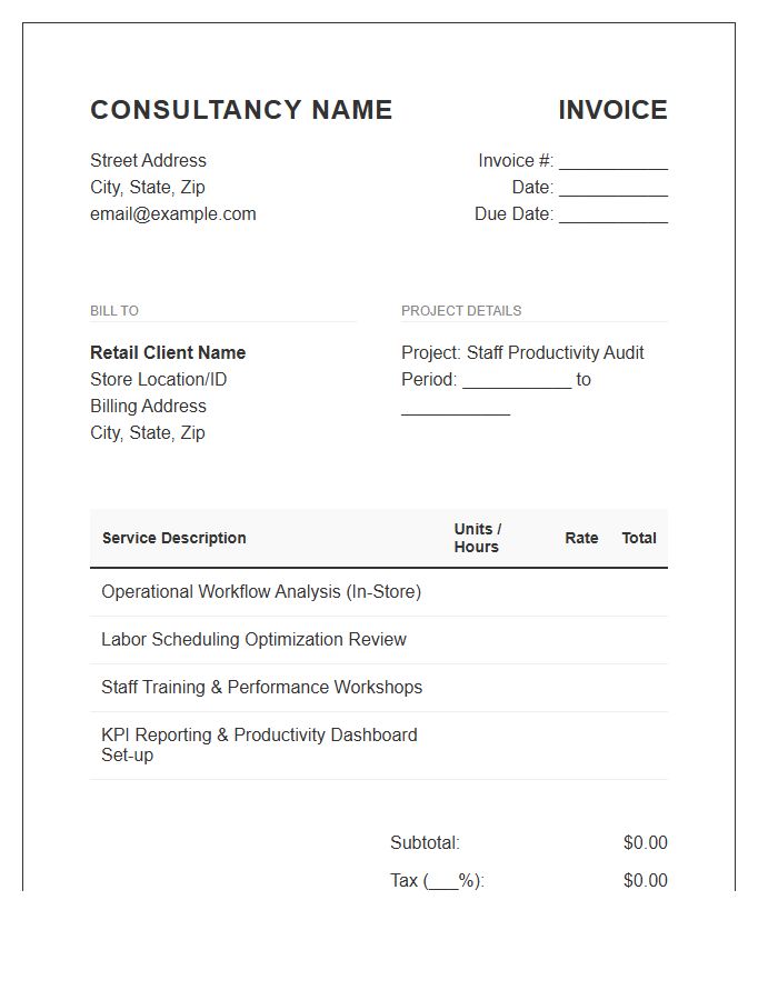 Retail Staff Productivity Consulting Invoice Template