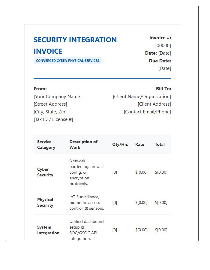 Cyber And Physical Security Integration Invoice Template