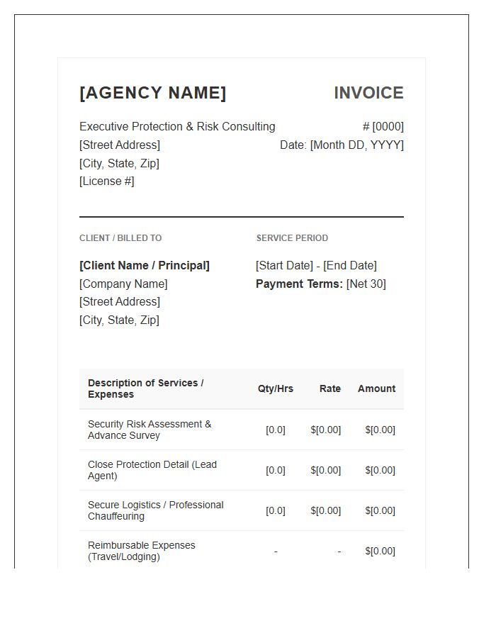Executive Protection Consulting Invoice Template