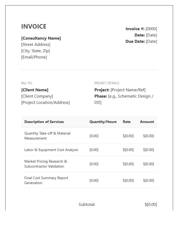 Construction Cost Estimation Consulting Invoice Template