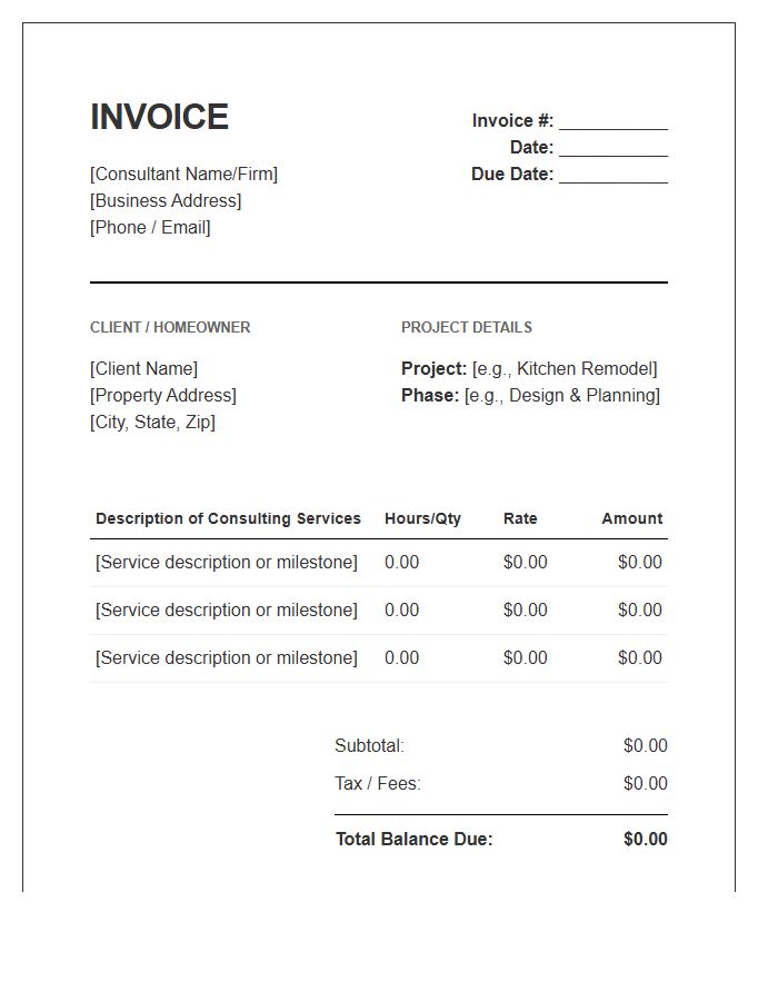 Residential Project Consulting Invoice Template