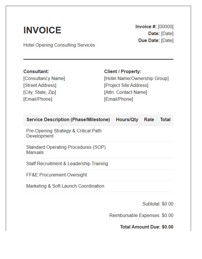 Hotel Opening Project Consulting Invoice Template