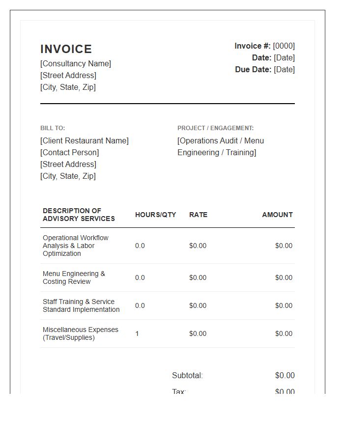 Restaurant Operations Advisory Invoice Template