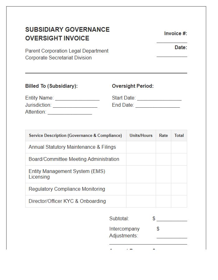 Subsidiary Governance Oversight Invoice Template