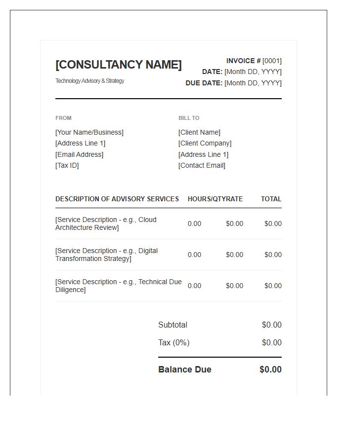 Boutique Technology Consulting Advisor Invoice Template
