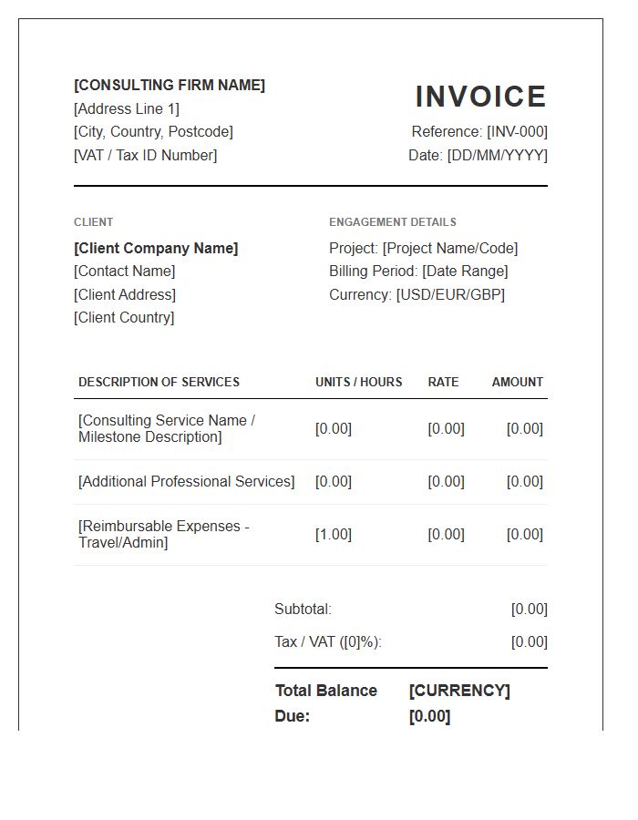 International Boutique Consulting Engagement Invoice Template