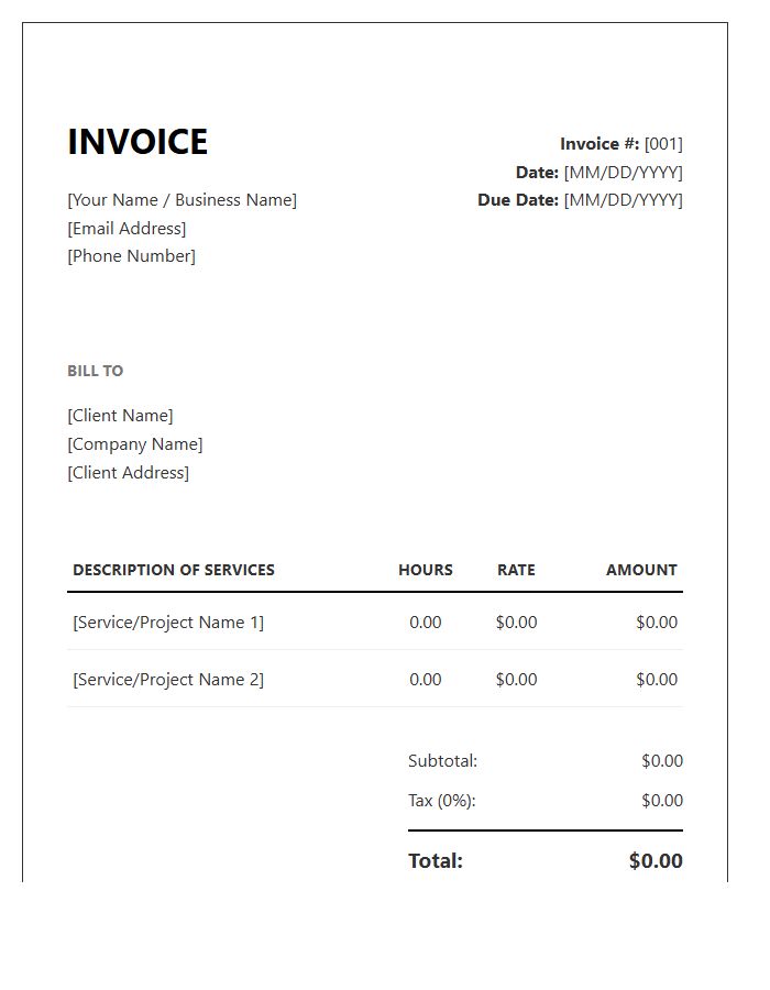 Freelance Hourly Rate Consulting Invoice Template