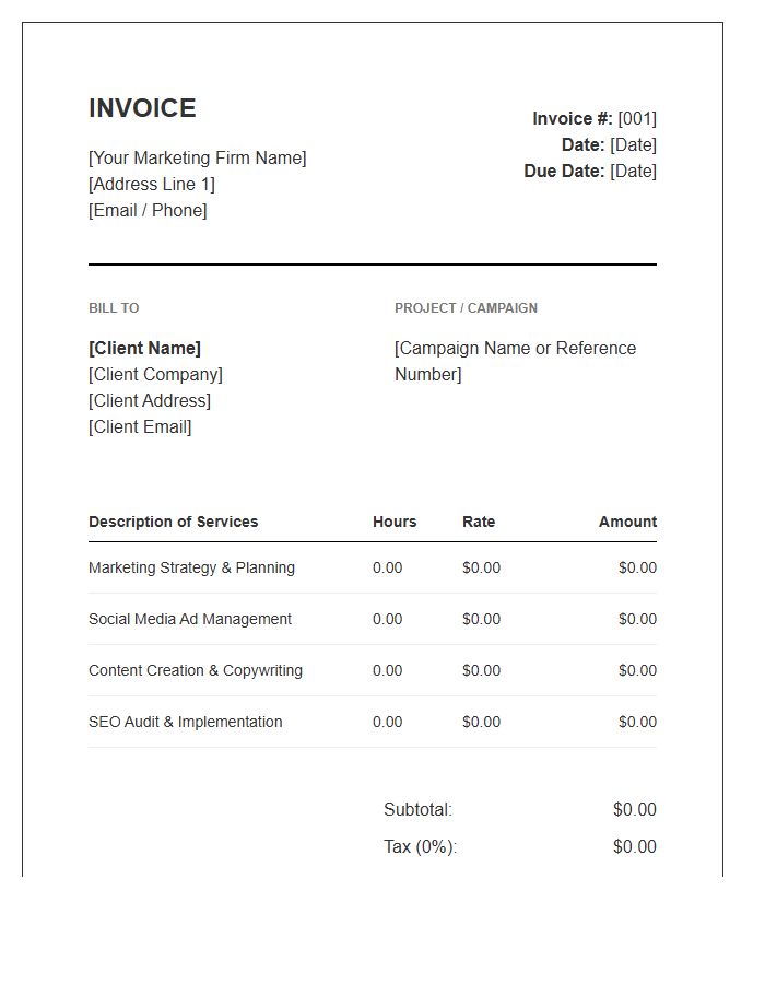 Marketing Consulting Hourly Rate Invoice Template
