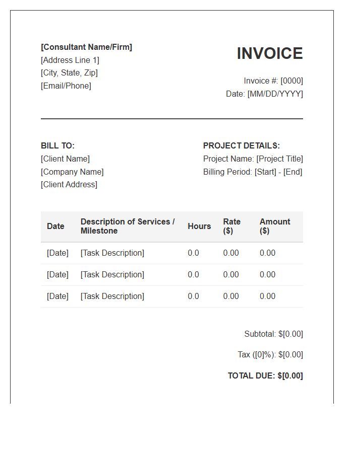 Project Management Consulting Hourly Rate Invoice Template