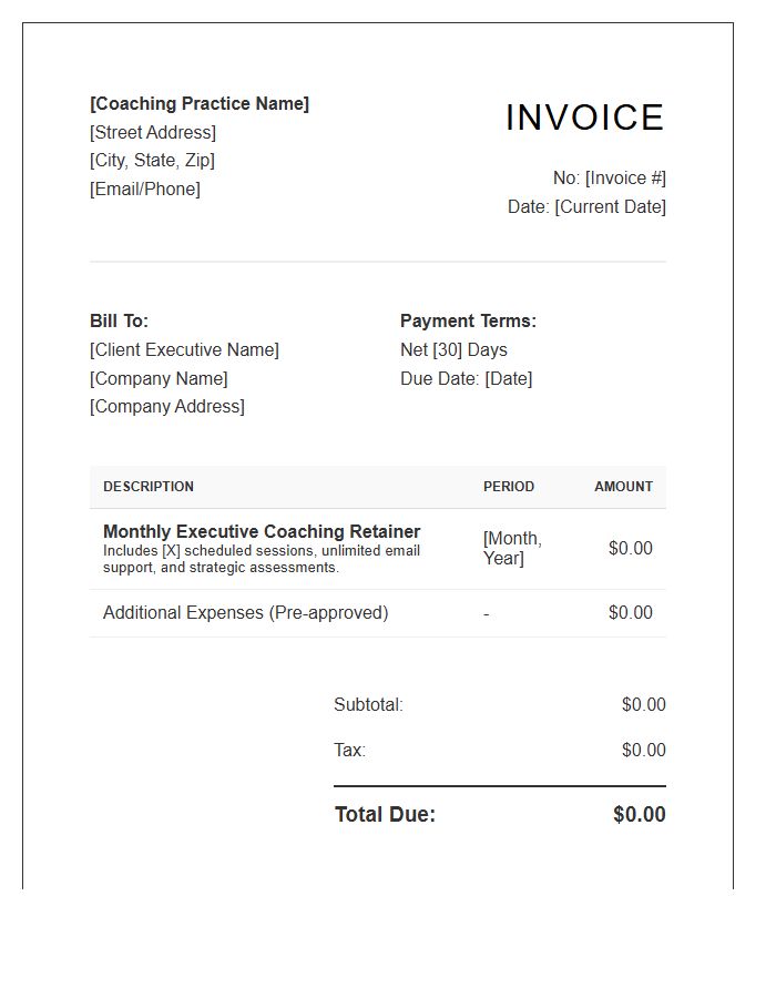 Executive Coaching Monthly Retainer Invoice Template