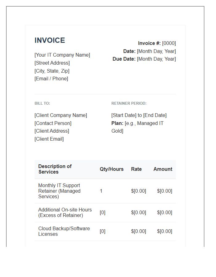 IT Support Monthly Retainer Invoice Template