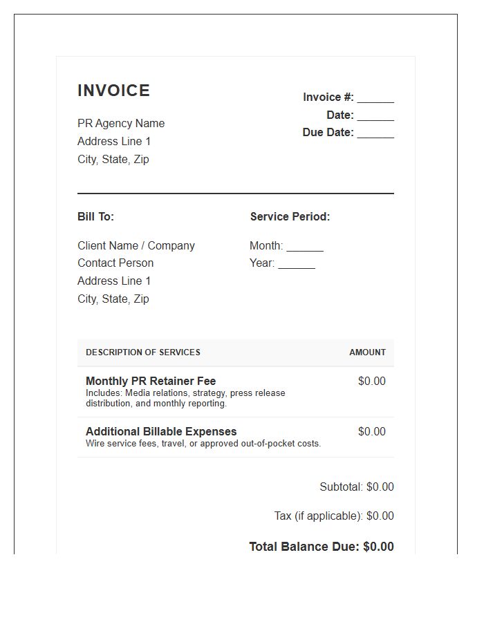 Public Relations Monthly Retainer Invoice Template