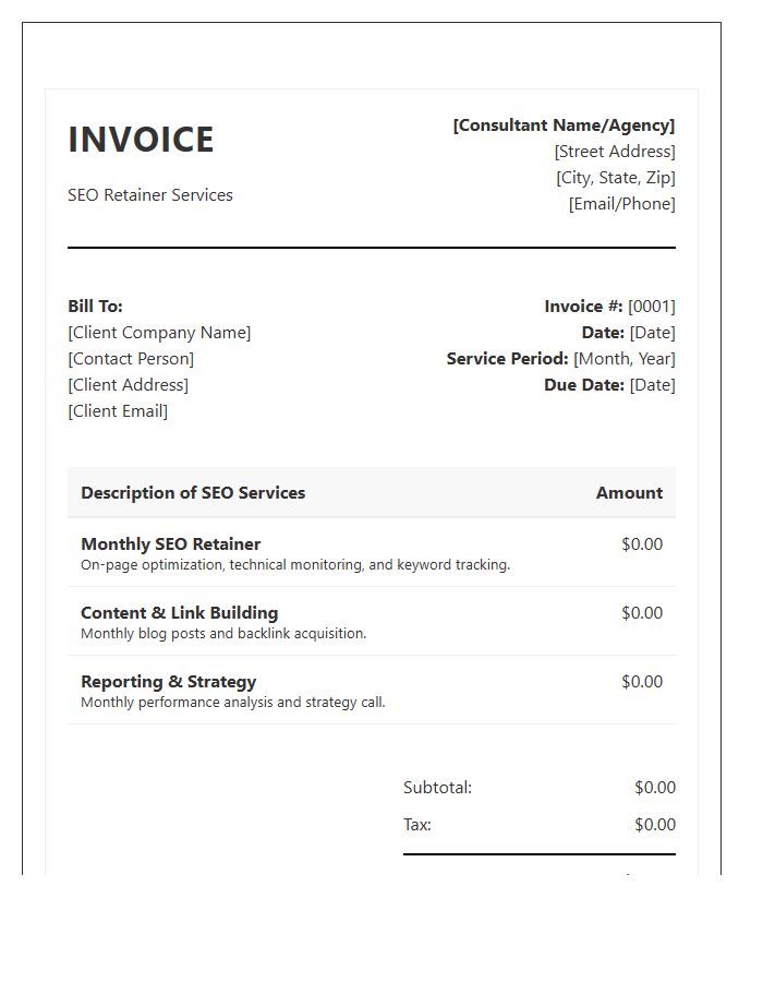 SEO Consultant Monthly Retainer Invoice Template