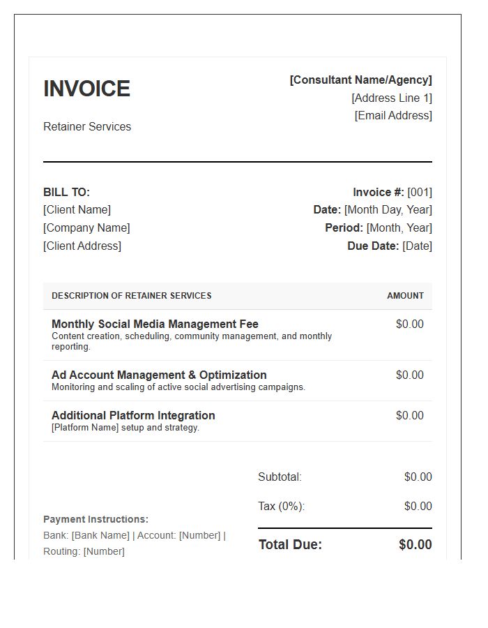 Social Media Consultant Monthly Retainer Invoice Template