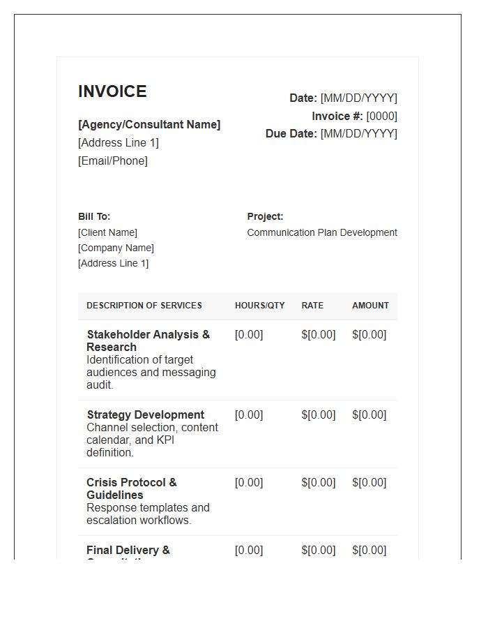 Communication Plan Development Invoice Template