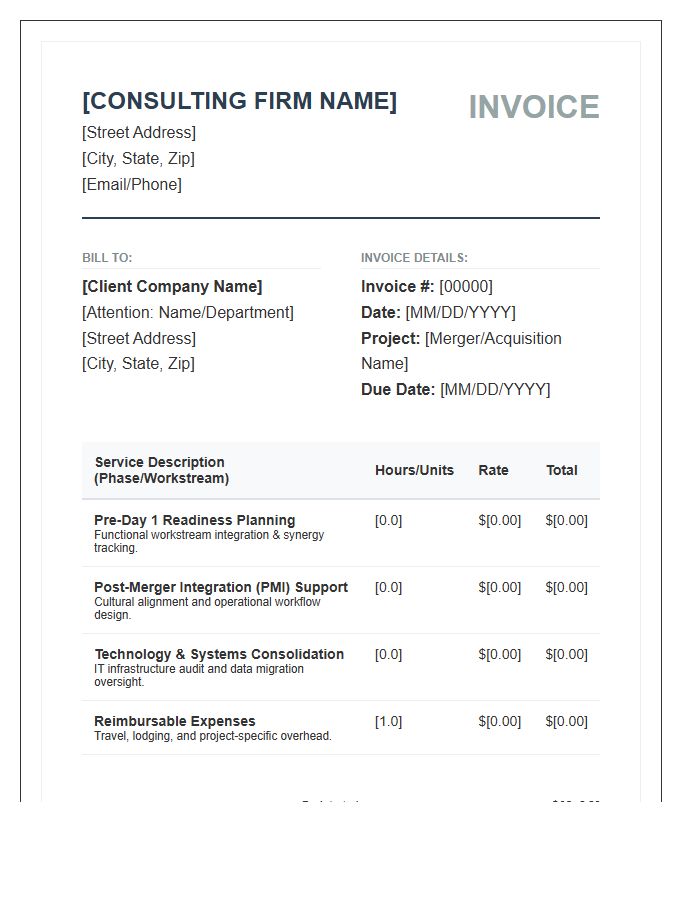 Merger Integration Consulting Invoice Template