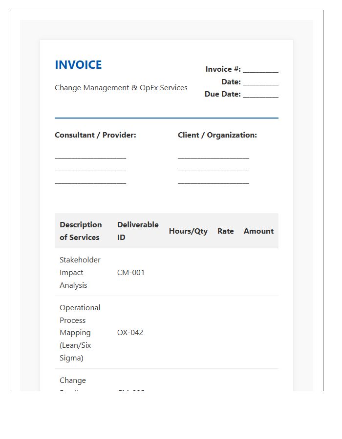 Change Management Operational Excellence Invoice Template