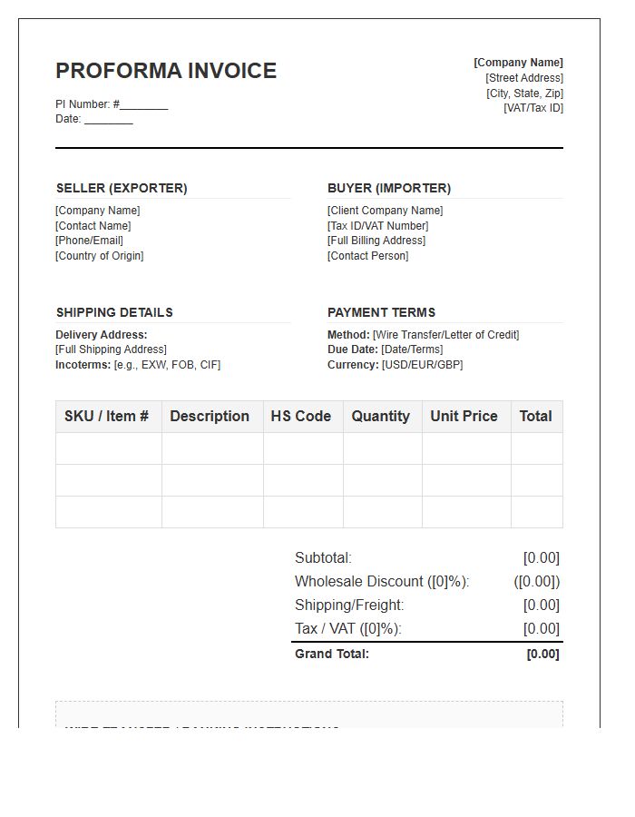 B2B Proforma Invoice Template For Wholesale Orders