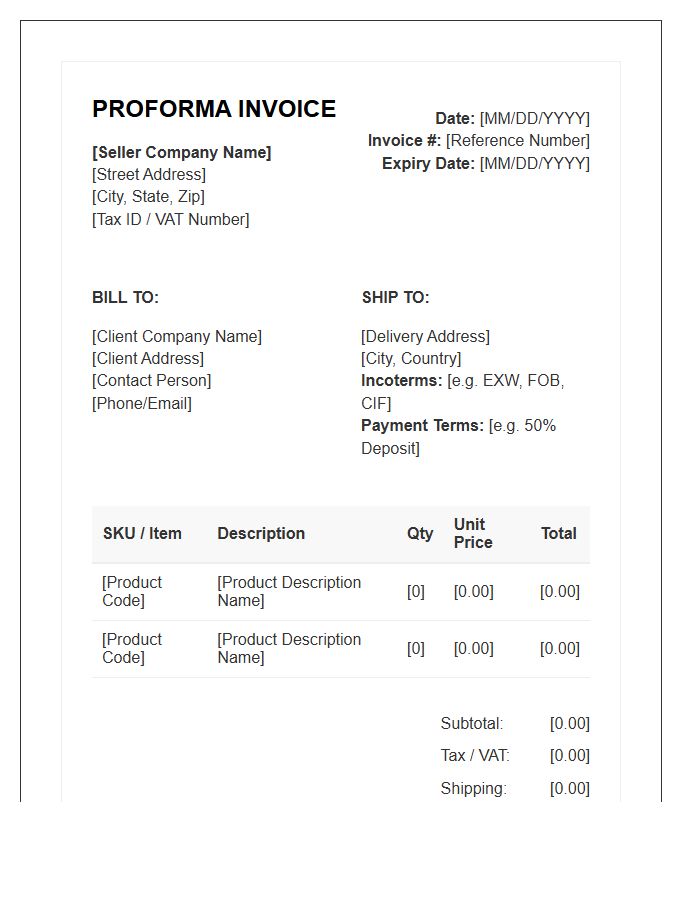 Business Wholesale Proforma Invoice Template Structure