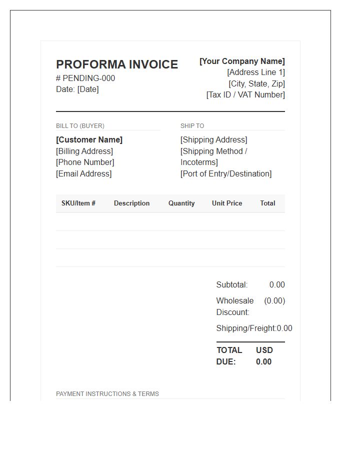 Commercial Wholesale Order Proforma Invoice Template